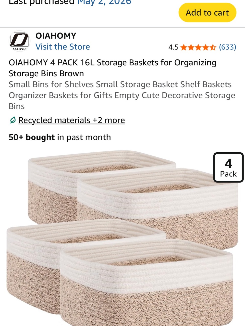Oiahomy 4-Pack Brown & Cream Woven Storage Baskets
